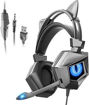 Gaming Headset for PS4/5 Xbox One PSP Laptop, with Noise Cancelling Mic,Stereo Surround,Quick Volume Adjustment,Soft Memory Earmuffs,LED LightBlue Led+Black