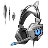 iilike Gaming Headset for PS4/5 Xbox One PSP Laptop, with Noise Cancelling Mic,Stereo Surround,Quick Volume Adjustment,Soft Memory Earmuffs,LED Light(Blue Led+Black)
