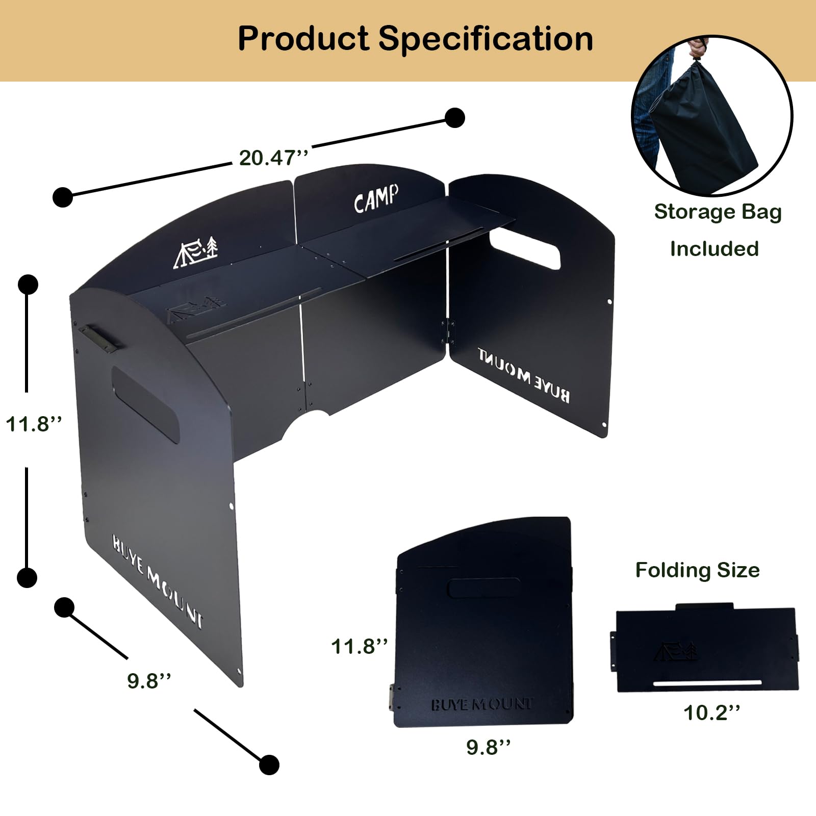 Parabrisas plegable para estufa de camping, 4 placas de acero inoxidable con tablero de estante para exteriores, picnic, mochilero y cocina, color negro