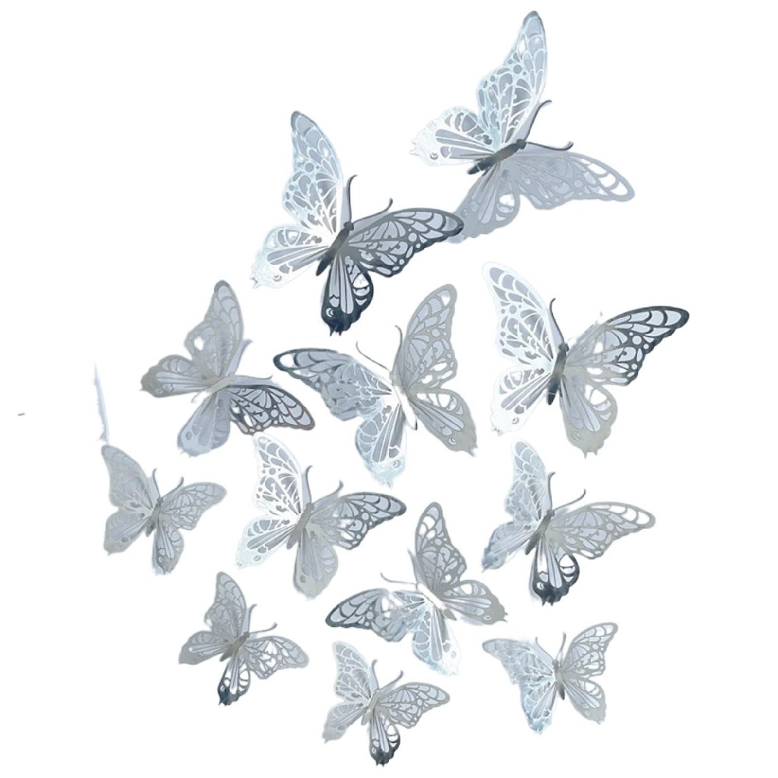 12pcs Colorful Hollow Butterfly Sticker DIY Paper 3D Wall Decor Exquisite Cartoon Simulation(Silver)