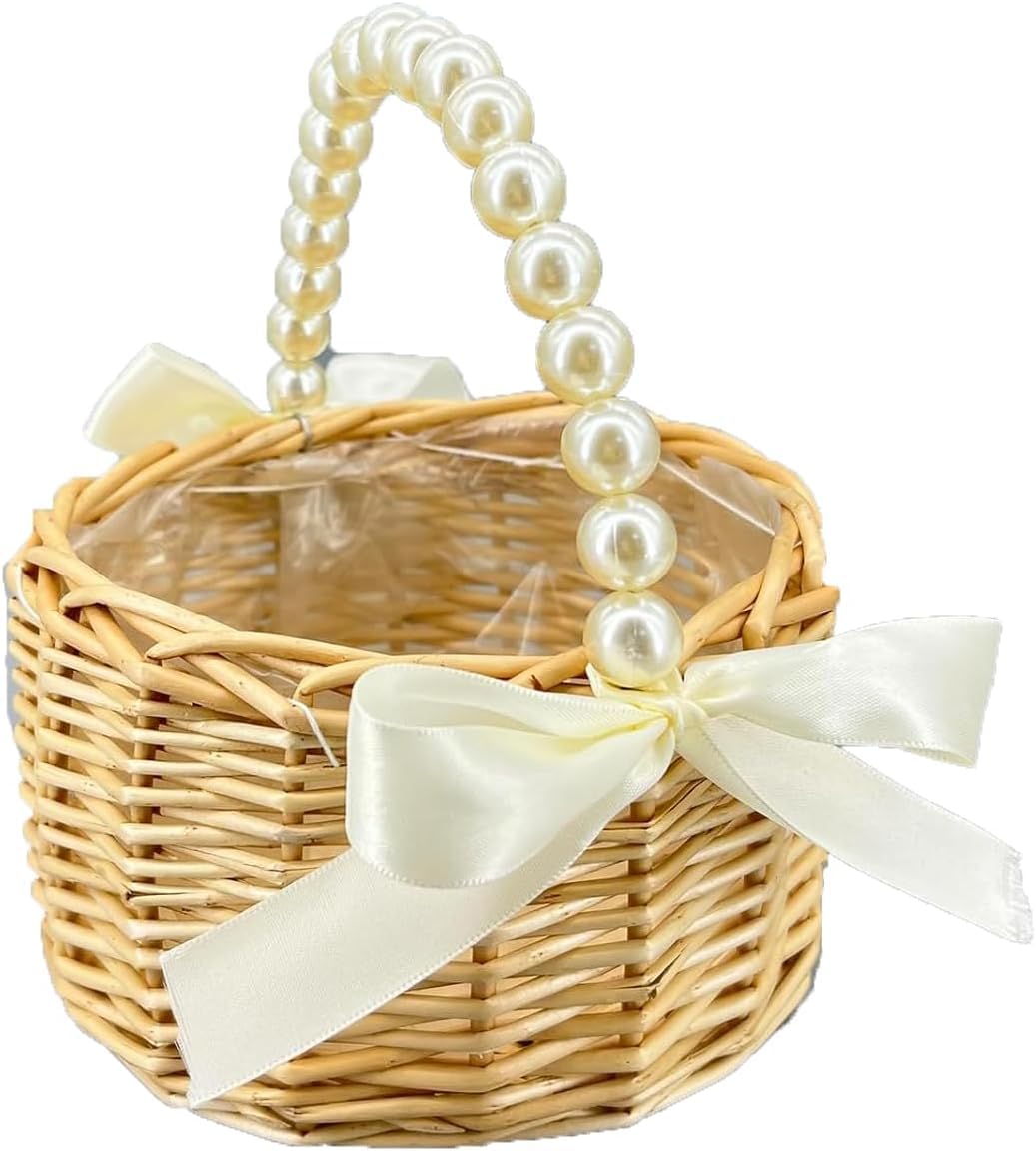 Wicker Rattan Flower Girl Basket with Bows,Pearl Handle Flower Basket,Wedding Flower Girl Basket and Home Decorations.