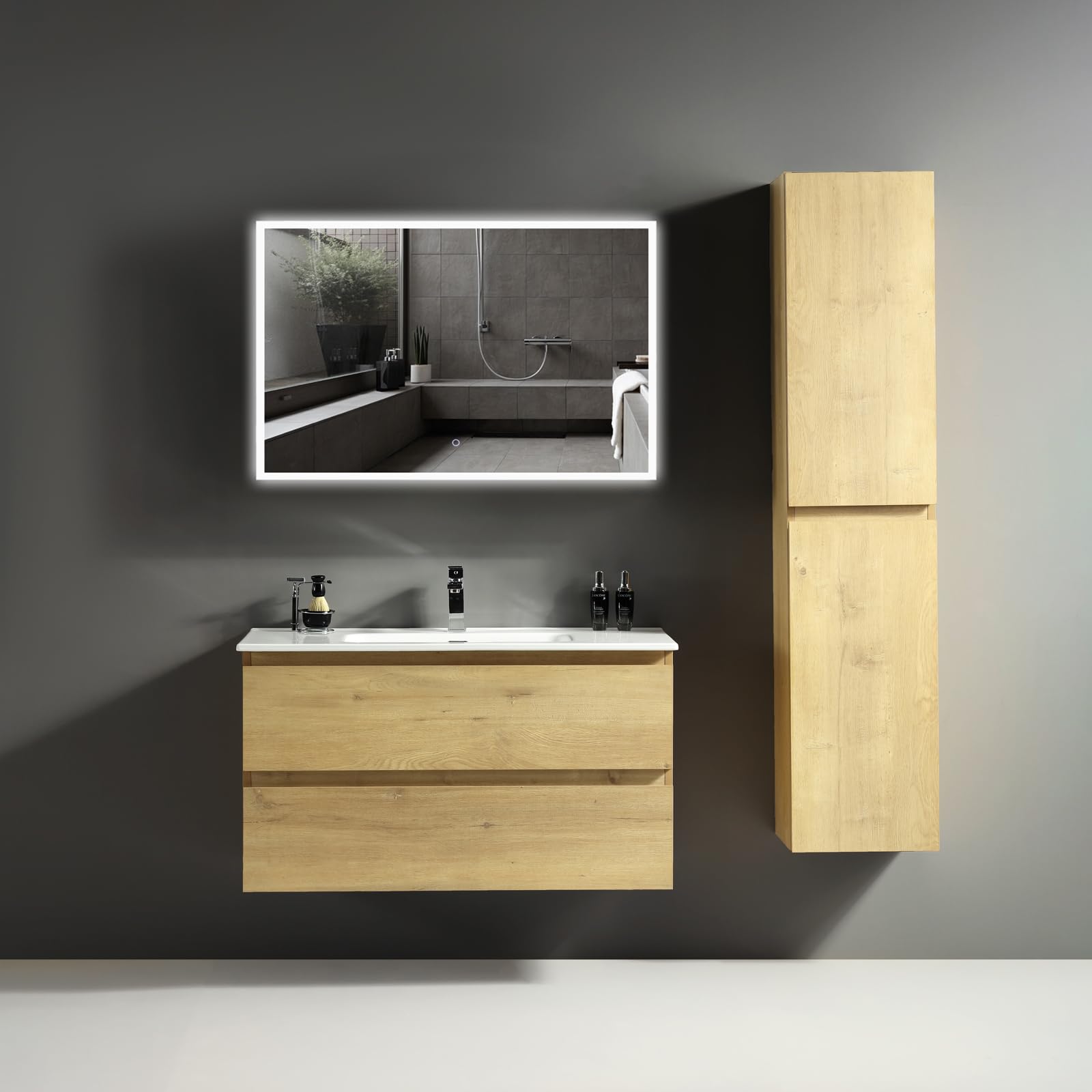 Alpenberger Badmöbel Set mit Waschbecken | Badezimmer Spiegel mit Beleuchtung | Badschrank Hochschrank | Hängeschrank Bad | Waschtisch mit Unterschrank 100cm (Vivento 100 Eiche Natur)