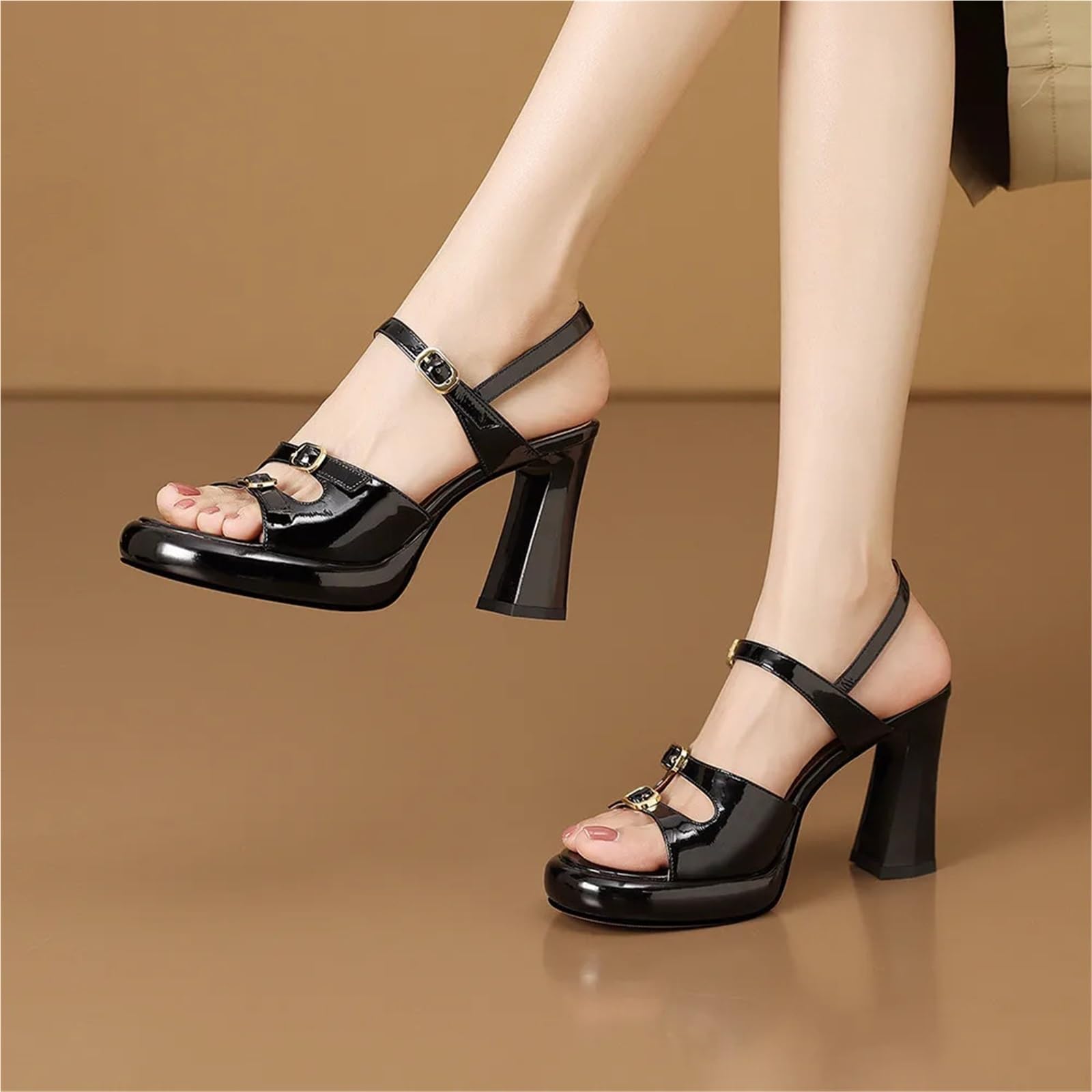 Sandali gladiatore da donna in pelle con punta aperta, quadrati, fibbia, for feste, ufficio, scarpe estive pendolare tacco alto