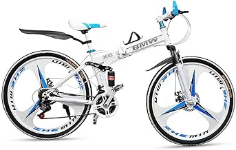 Skyride BMV X6 Foldable Cruiser Bicycle | 26-Inch White Bike with 21-Speed Gears, Dual Disc Brakes, Hydraulic Suspension, and Strong Carbon Steel Frame | Great for City Rides and Off-Road Adventures