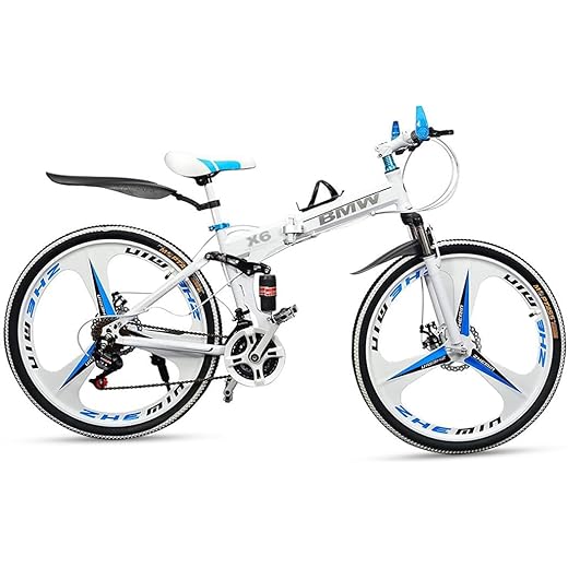 Skyride BMV X6 Foldable Cruiser Bicycle | 26-Inch White Bike with 21-Speed Gears, Dual Disc Brakes, Hydraulic Suspension, and Strong Carbon Steel Frame | Great for City Rides and Off-Road Adventures