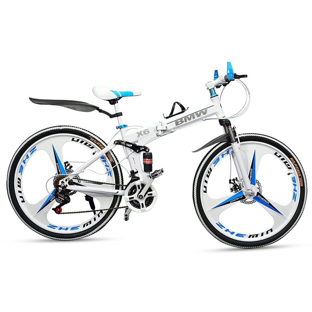 Skyride BMV X6 Foldable Cruiser Bicycle | 26-Inch White Bike with 21-Speed Gears, Dual Disc Brakes, Hydraulic Suspension, and Strong Carbon Steel Frame | Great for City Rides and Off-Road Adventures