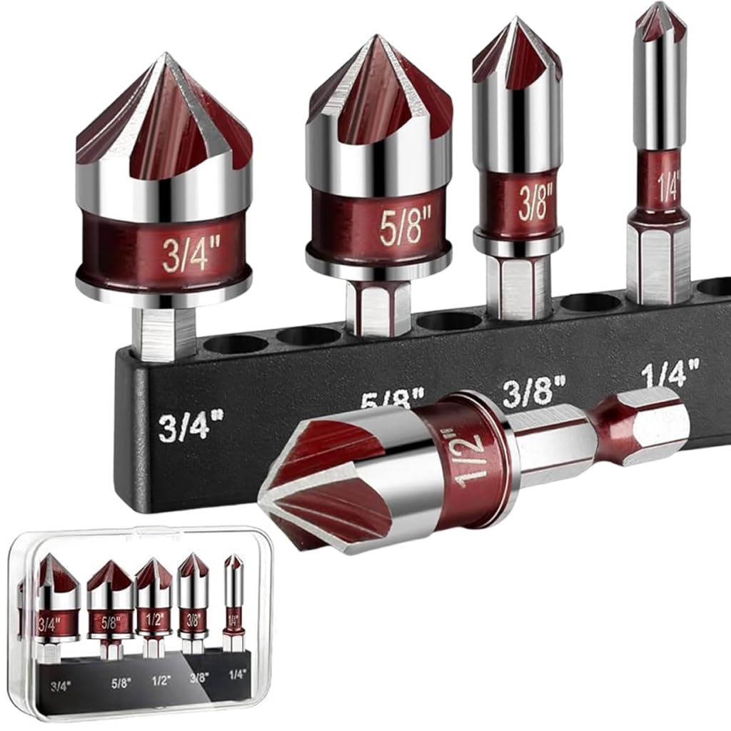Serplex® Steel Countersink Drill Bit Set, 5Pcs, Sizes 3/4'' to 1/4'', Heavy Duty 82-Degree 5-Blade Design, Quick-Change Hex Shank, Versatile for Wood, Metal, Plastic, DIY & Professional Use-image-33