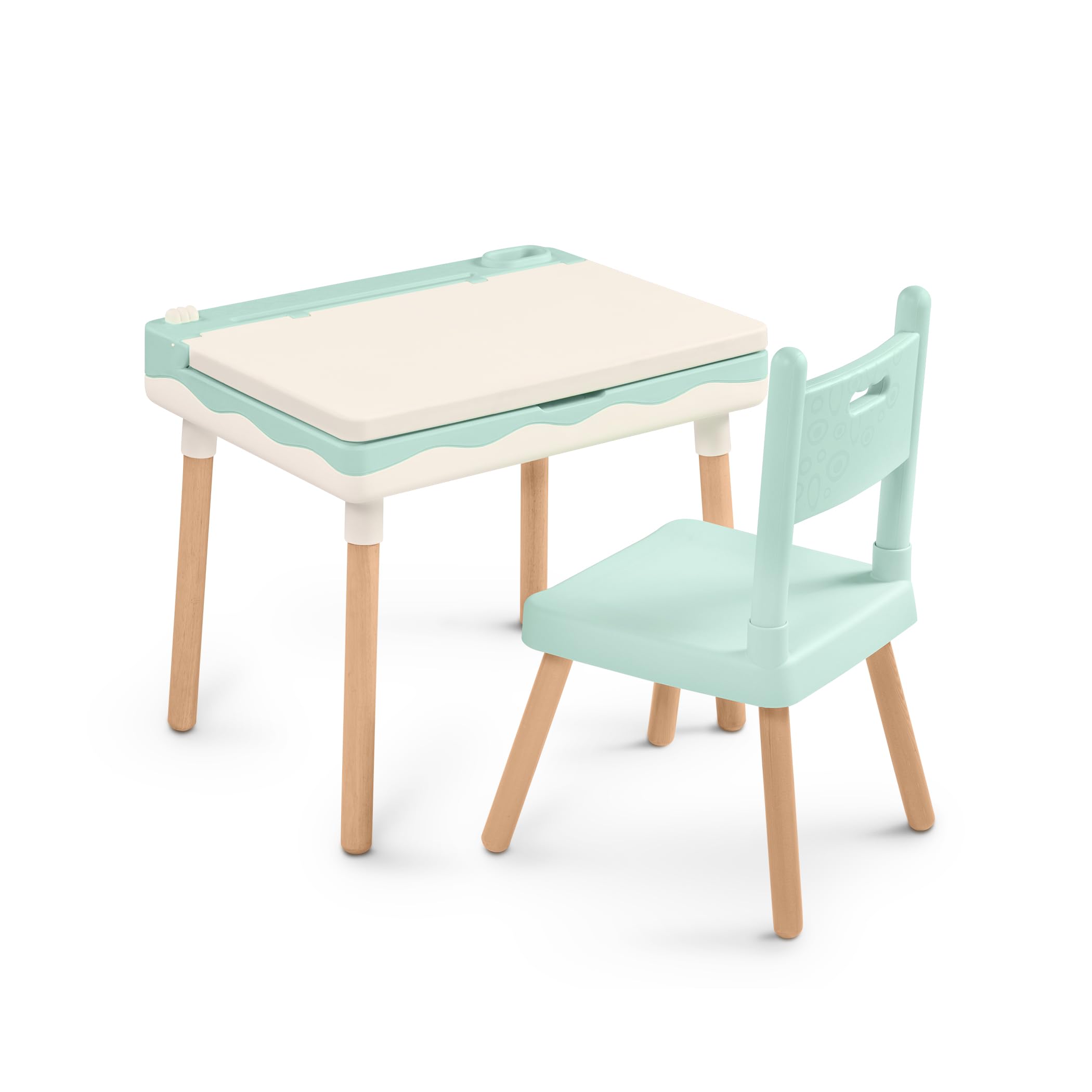 B. toys scrivania e sedia per bambini, con portamatite integrato | Con portamatite e gestione dei cavi integrata; 63,5 x 47 x 58,7 cm; Set da 10; verde menta e avorio; 3+ anni