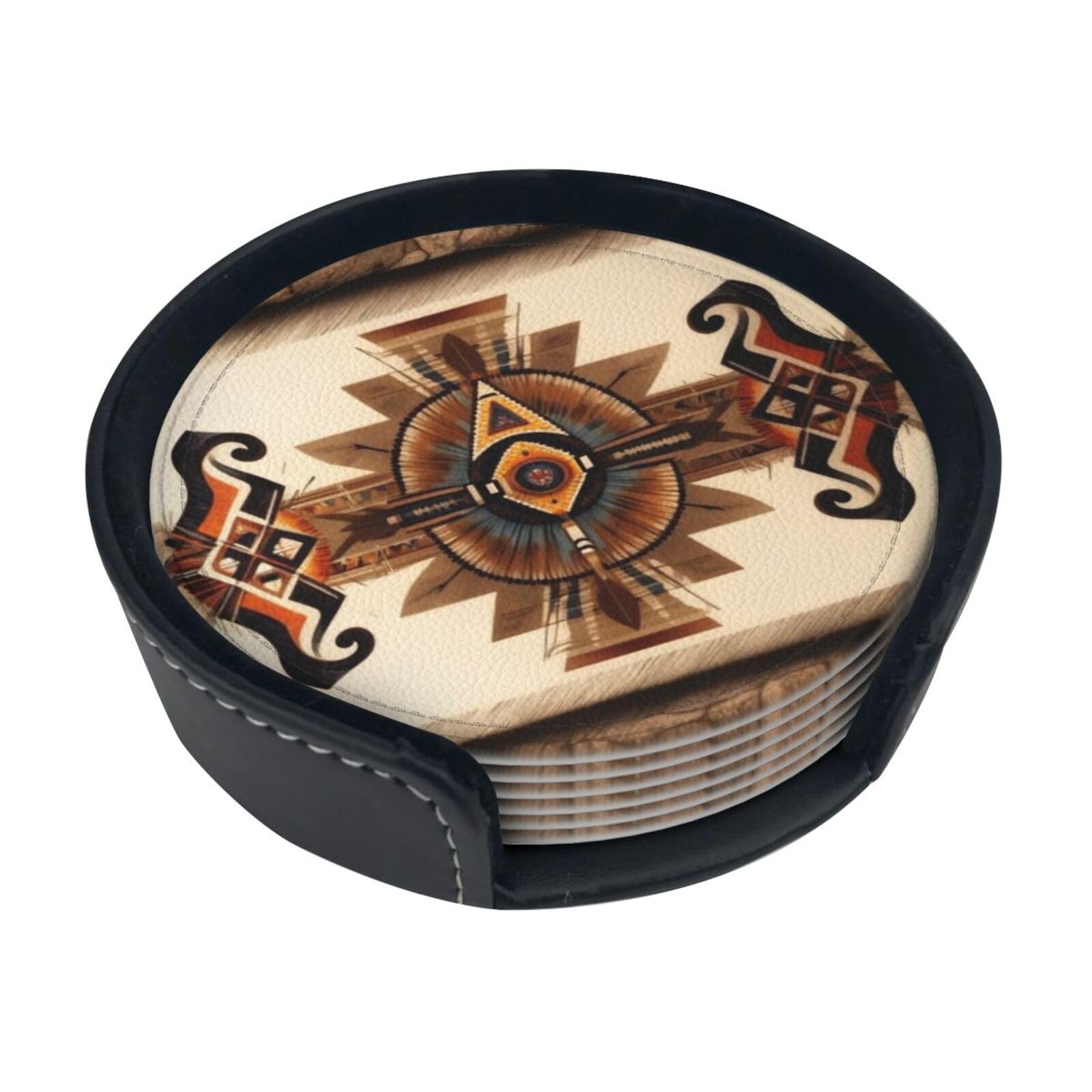 Cntdbu White Native American Patterns Leather Coasters Set Of 6-Pu Leather Drink Mats For Table, Heat Resistant Round Coasters With Holder