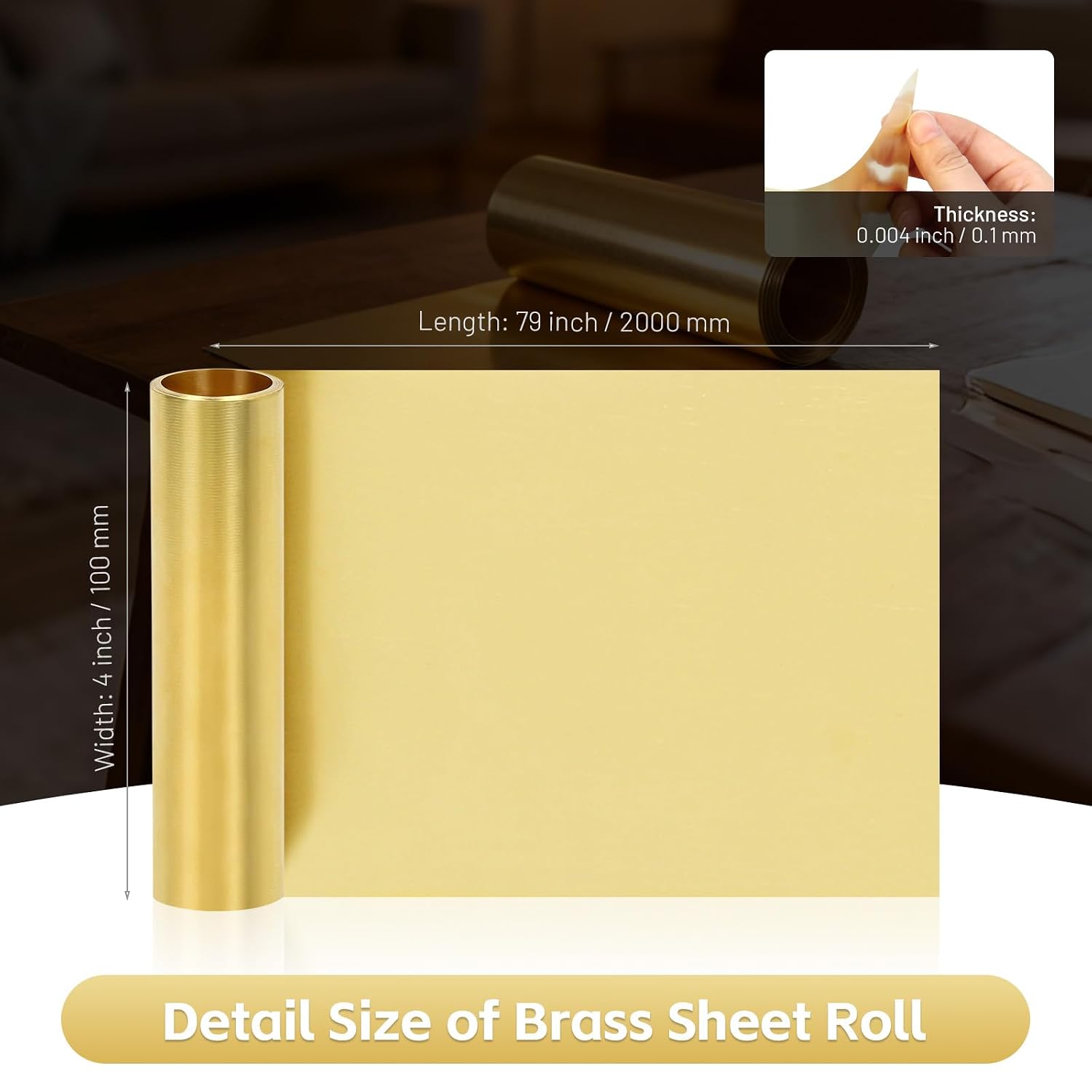 Thin Brass Sheet Foil Roll for Craft, DIY & Metalwork, 0.004'' x 4'' x 79'' | Brass Sheet Roll, Size 0.1mm x 100mm x 2m, No Scratches, Sealed Packaging