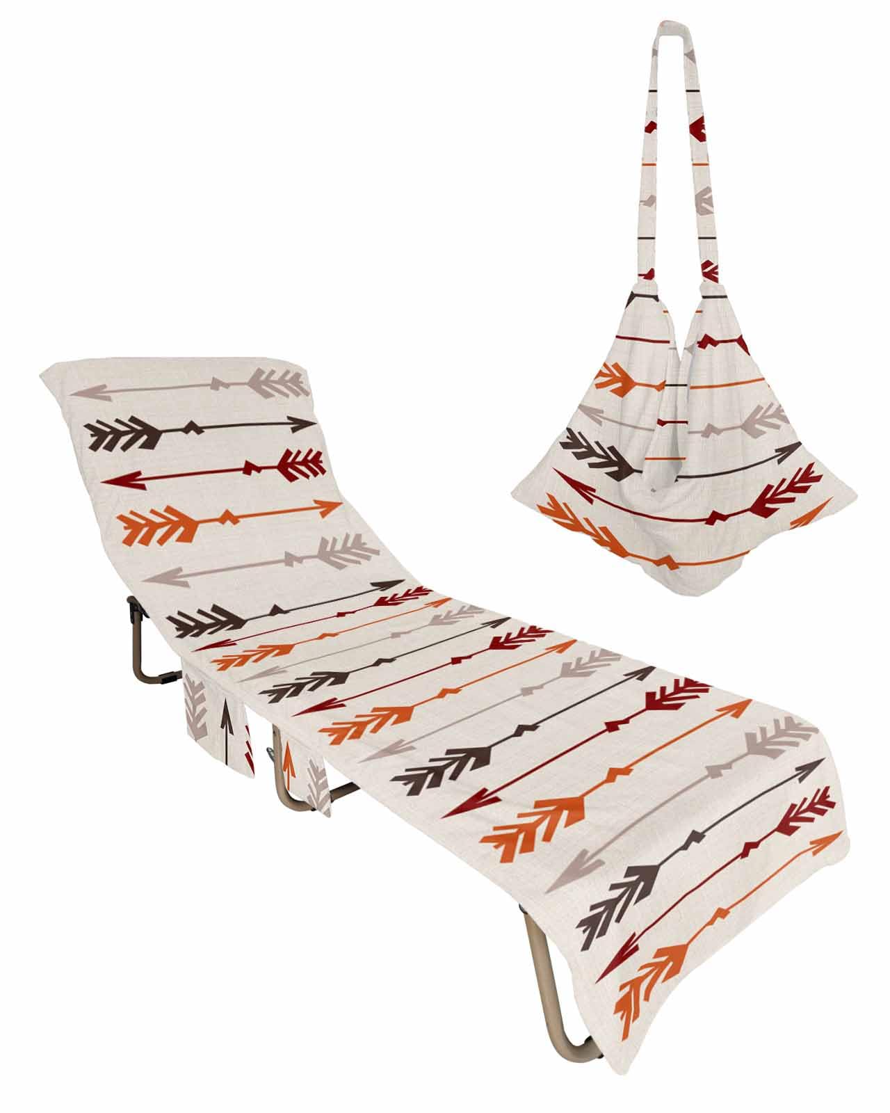 Boho Tribal Arrow Beach Chair Cover with Side Pockets, Microfiber & Quick Dry Pool Chaise Lounge Chair Towels Covers for Sun Sunbathing Patio Garden Hotel, Aztec Bohemian Exotic Retro Brown Orange Red