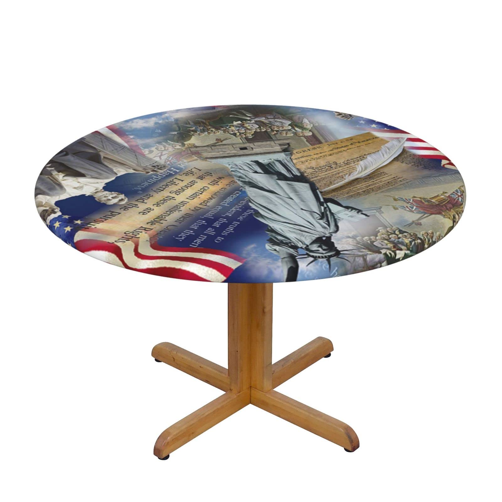 Lsjuee Round Fitted Tablecloth 45-50in Elastic Edged Table Cloth for Kitchen Dining Party Home Decor - USA Monuments People Flag