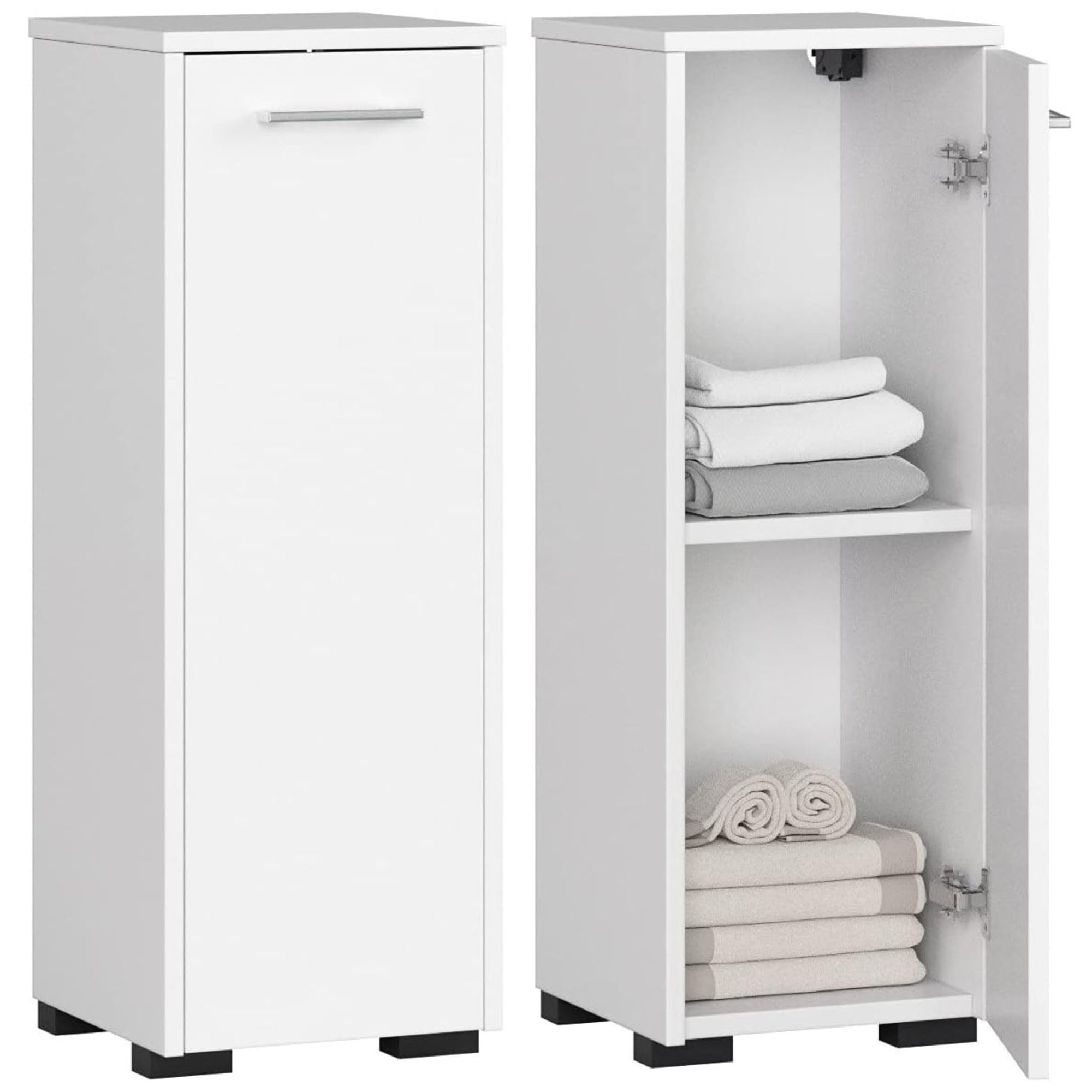 Home Collective Badezimmerschrank schmal in weiß mit 1 Tür und 2 Fächern, elegant mit silbernen Griffen, 82 cm hoch, 30cm breit und tief
