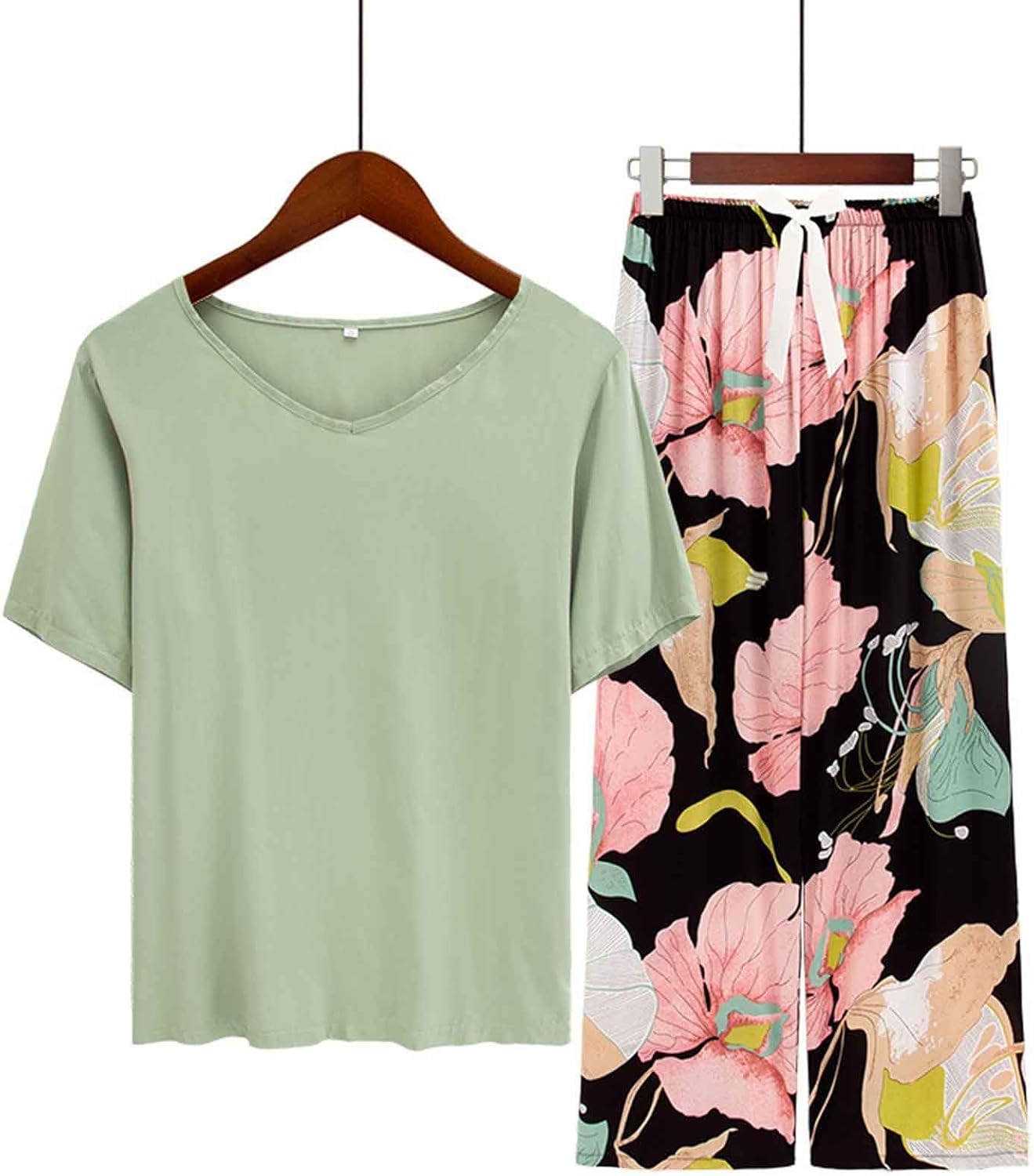 春夏に活躍するレディース向けシルクホームウェア、Tシャツとワイドレッグパンツのツーピースセット521