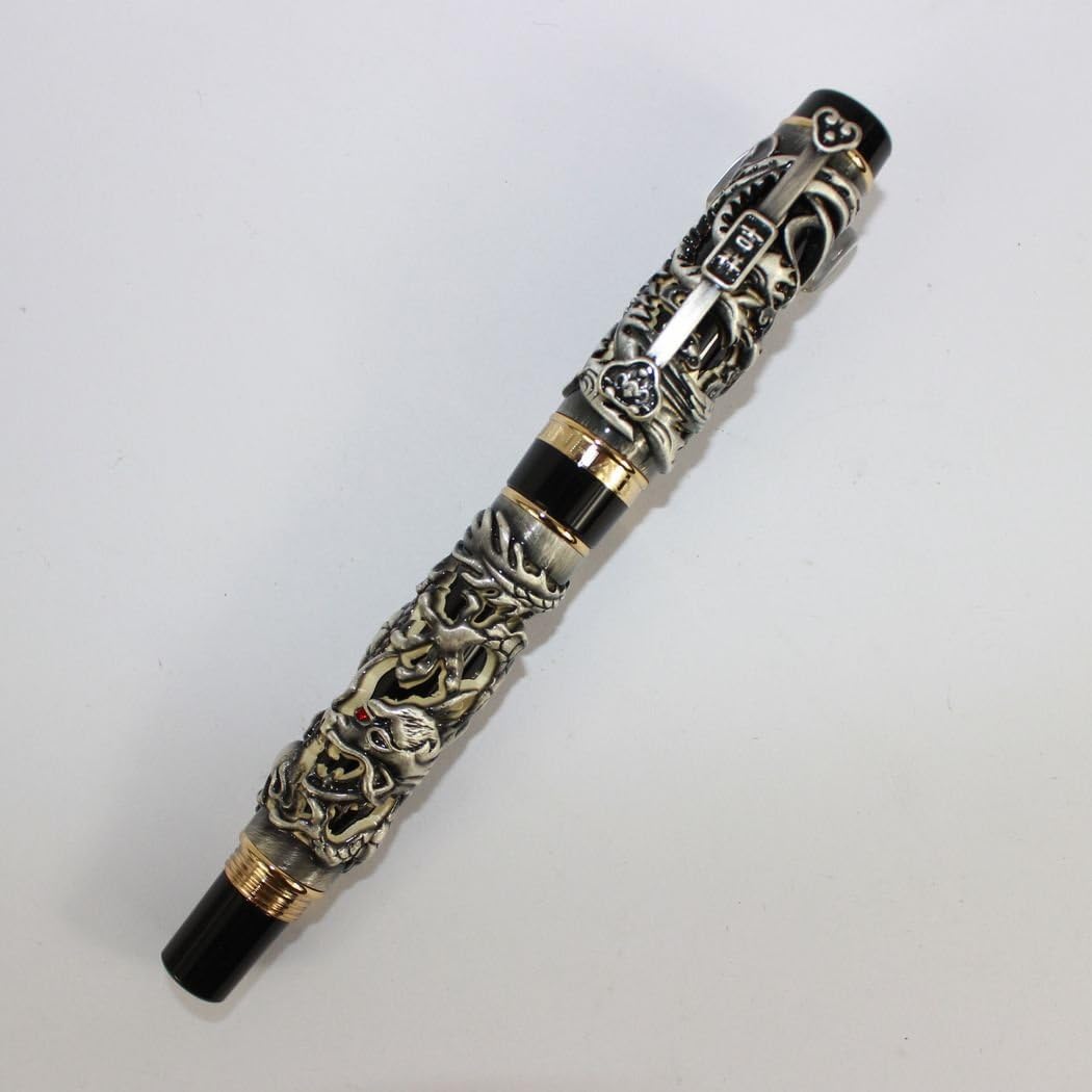 Gullor Fountain Pen Dragon/Loong & Phoenix antique silver medium fountain pen screw cap - Image 3