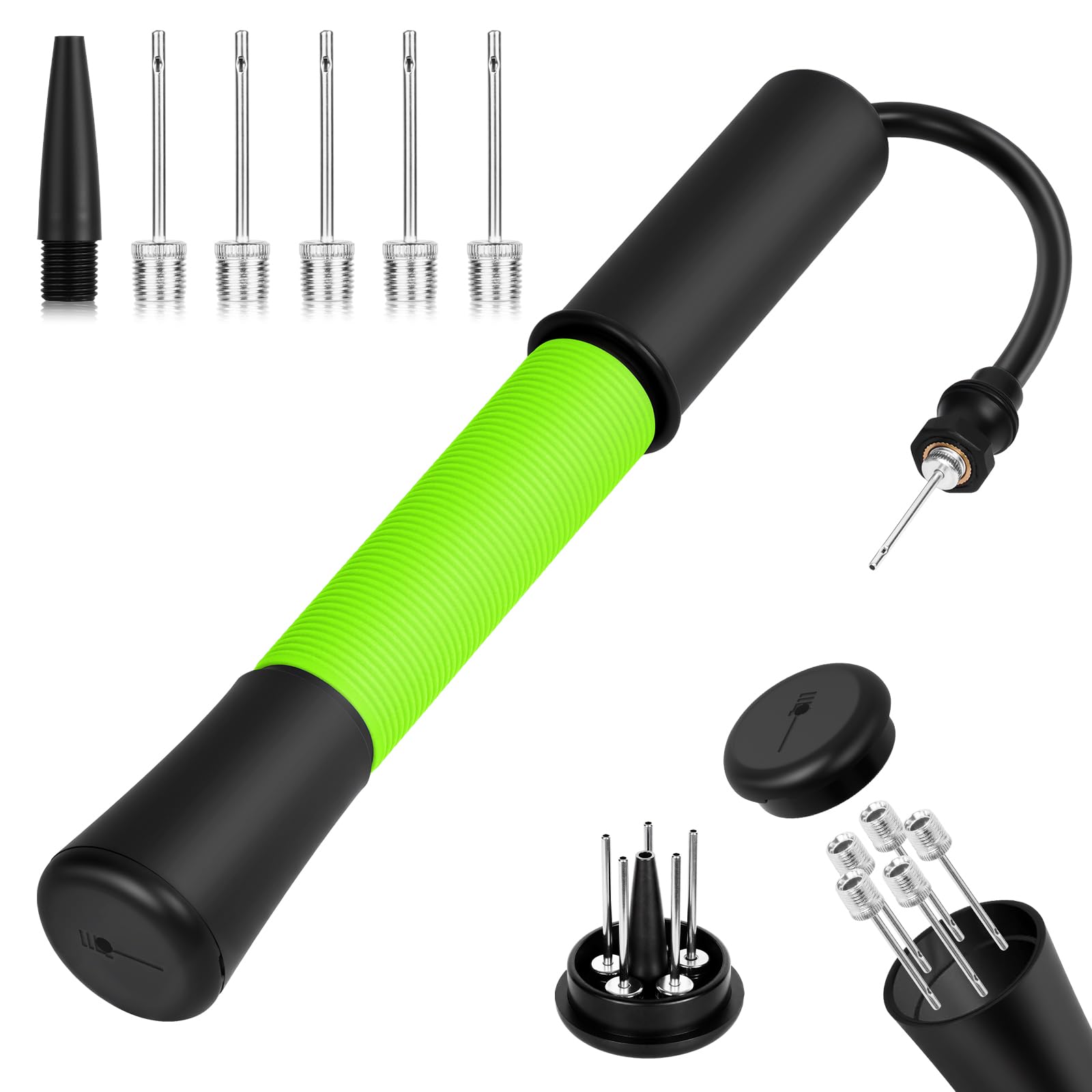HOTUT Portable Ball Pump,Hand Inflation Pump,with Needle,Nozzle,Needle Storage,Air Pump Inflator Kit,Suitable for Football, Basketball, Volleyball, Balloon, Swimming Ring,Fast Air Inflator（Green）