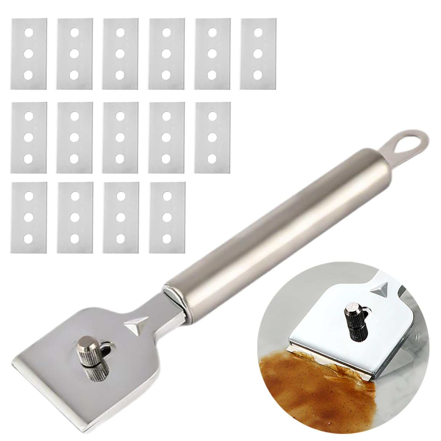 Edelstahl Ceranfeldschaber, Hochwertiger Kochfeldschaber inkl. 15 Ersatzklingen,Glasschaber,Vignettenschaber,Ceranfeld Kratzer Entfernen für Reinigung Von Backofen, Induktionskochfeld, Herd
