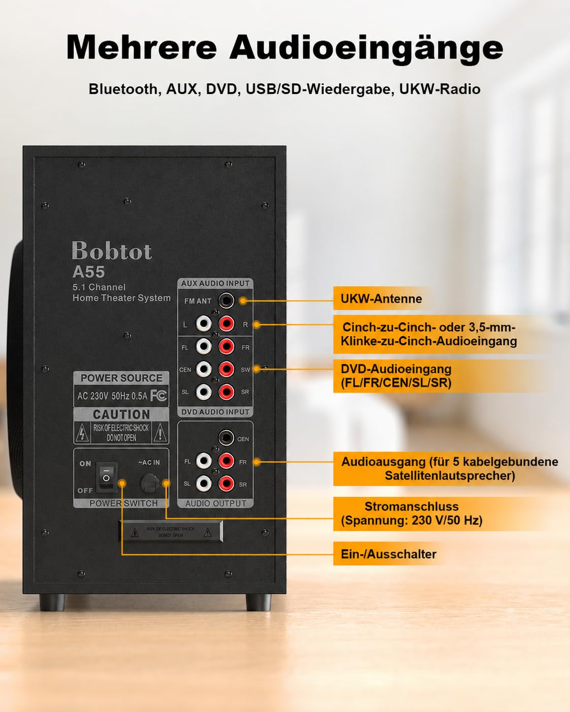 Bobtot 5.1 heimkino Soundsystem mit 600 Watt Spitzenleistung | 5,25 Zoll Subwoofer, 5.1 Surround Sound System heimkino Lautsprecher mit FM-Radio, Bluetooth, AUX, DVD