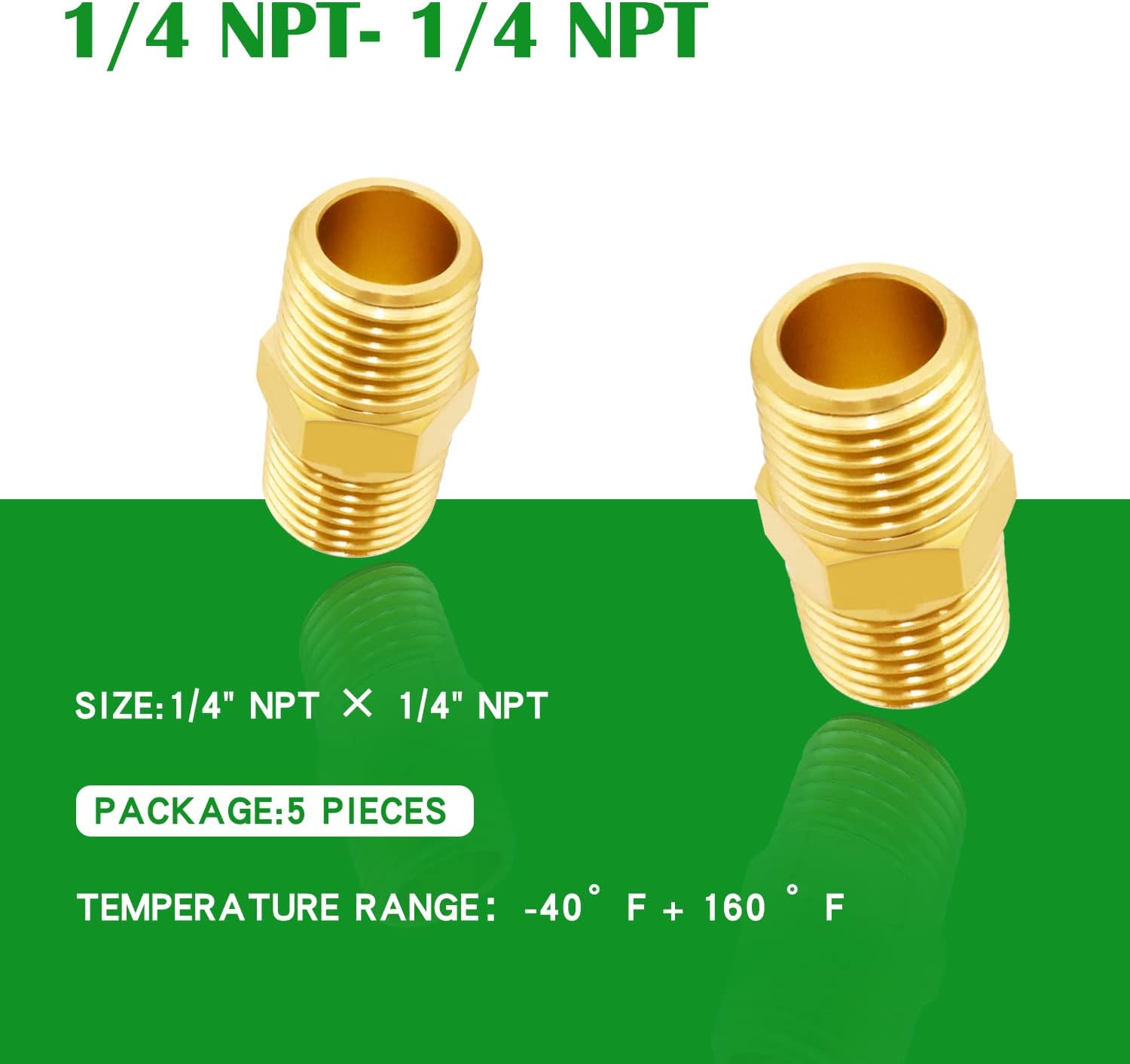5pcs 1/4 NPT Male x 1/4 NPT Male Solid Brass Nipple Pipe Fittings,Heavy Hex Straight Connector Adapter H-041-1/4 NPT-1/4 NPT