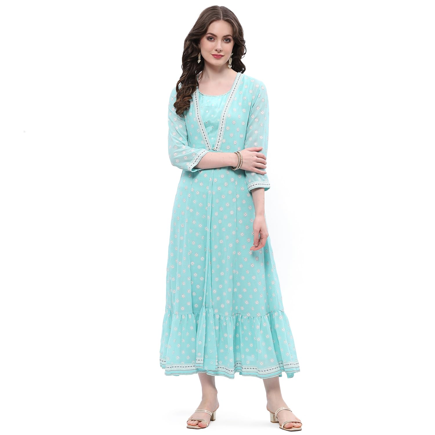 Rangriti Blue Viscose Shantoon Printed A-line Dress for Women in blue