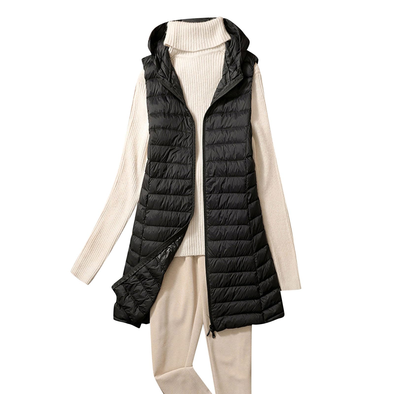 Longweste Damen Leichte Steppweste Reissverschluss Daunenweste Casual Ärmellos Jacke Elegant Frauen Weste Mit Kapuze Westen Winter Pufferweste Winterweste Warm Übergangsweste Einfarbig