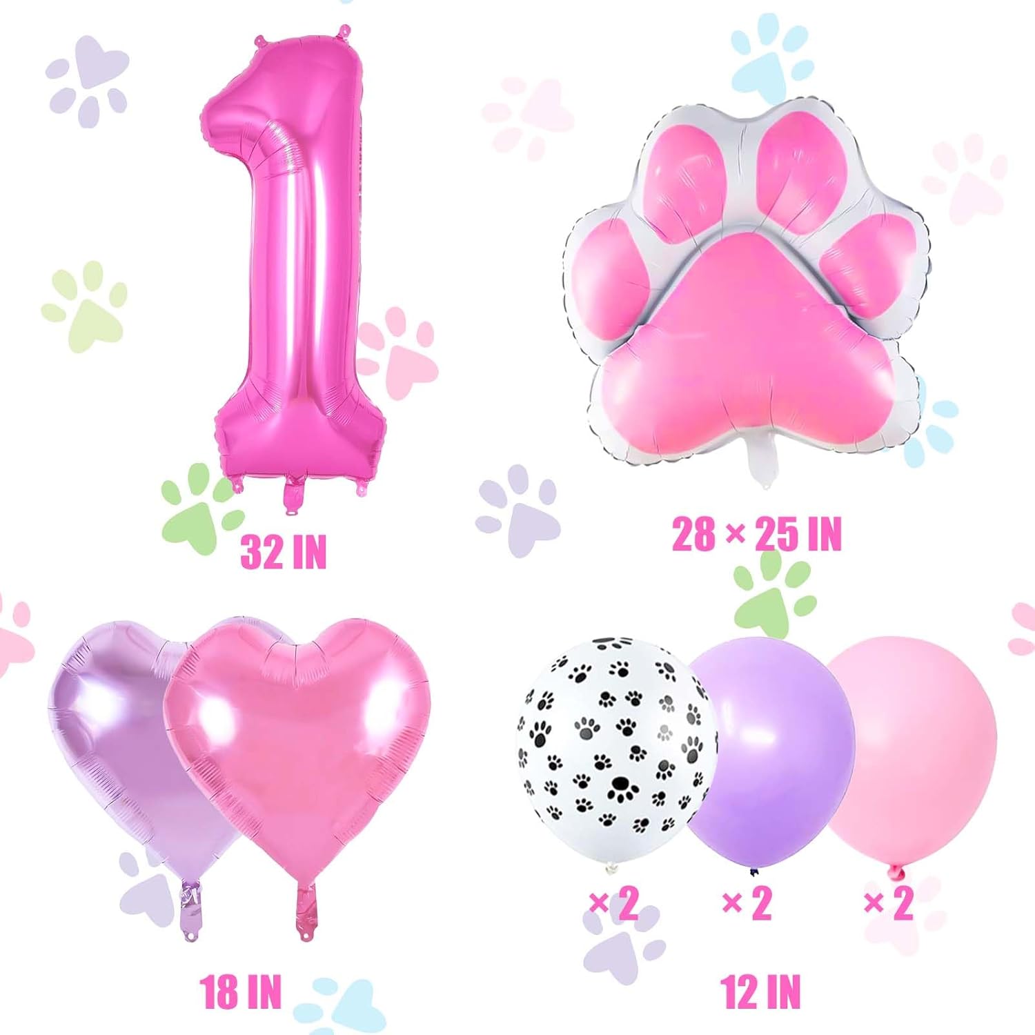 Pink Dog Paw Birthday Balloons, 12 PCS, Paw Print, 1st Birthday Girl Decoration, Dog Themed Party Decorations