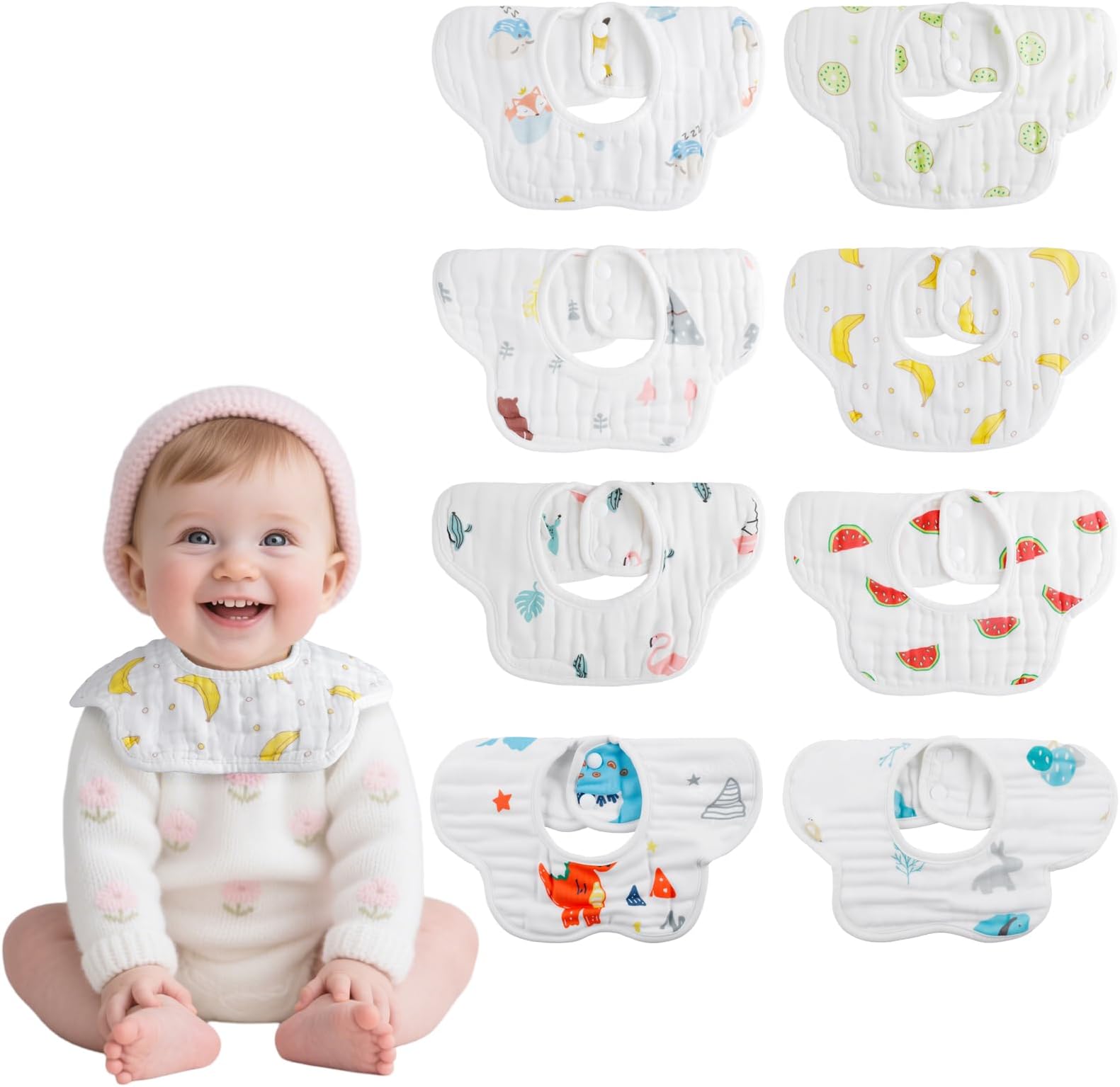 8-Pack 360° Rotate Organic Cotton Baby Bibs, Newborn Muslin Bibs For Teething And Drooling,Unisex Baby Bibs For Toddler, Adjustable With Snaps, Super Soft & Absorbent Baby Bibs For Boys And Girls.