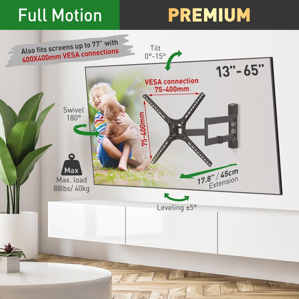 Barkan 76 cm lange tv-wandhouder, 13-65 inch draaibaar/kantelbaar