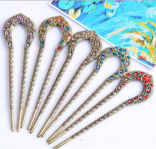 Vintage Hair Stick, Crystal Rhinestone Double Prong Hair Pin Stick Hairstyle Chignon HairPin, DIY Hair B(5PCS)