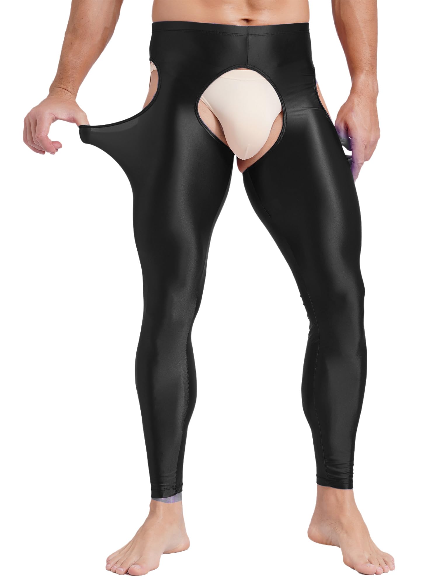 Vxuxlje Men's Oil Shiny Open Crotch Leggings High Waist Cut Out Leggings Compression Pants: XX-Large Black