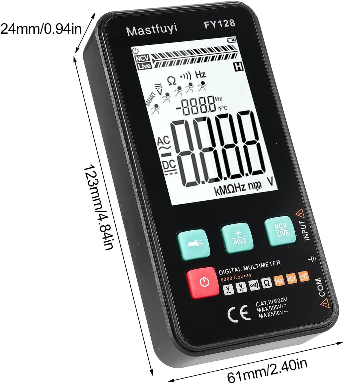 Digital multimeter with dimensions labeled: 123mm (4.84in) length, 61mm (2.40in) width, 24mm (0.94in) thickness