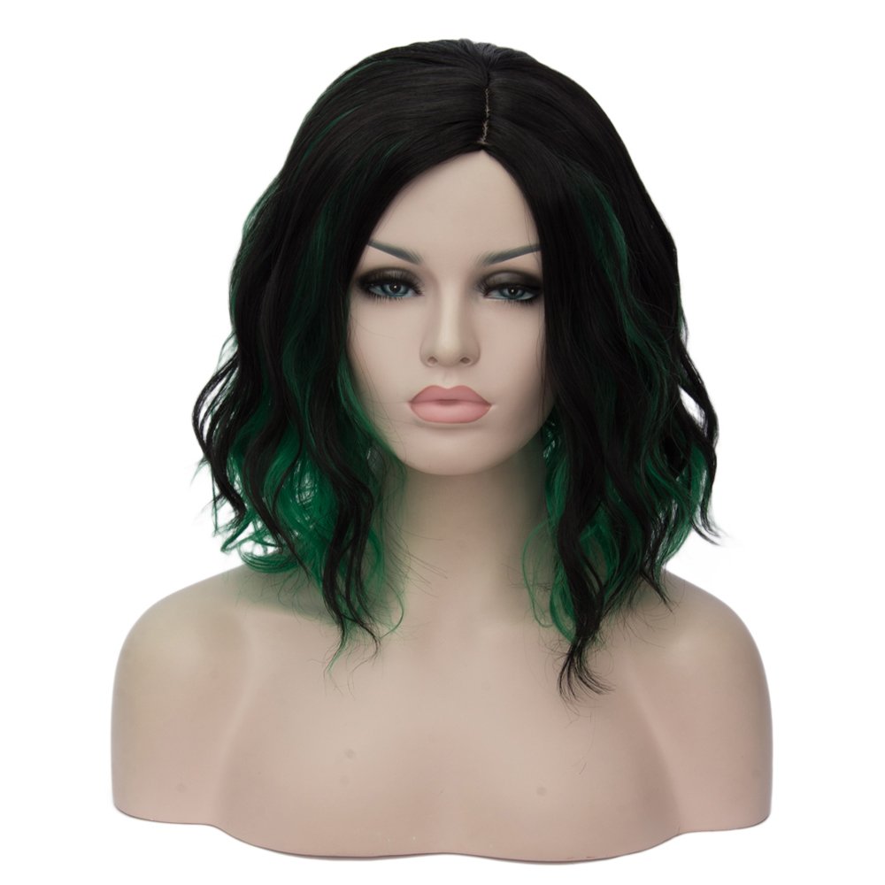 BERON Black and Green Wigs Women Short Curly Wavy Wig Girls Mixed Color Shoulder Length Side Part Halloween Cosplay Party or Daily Use Wig