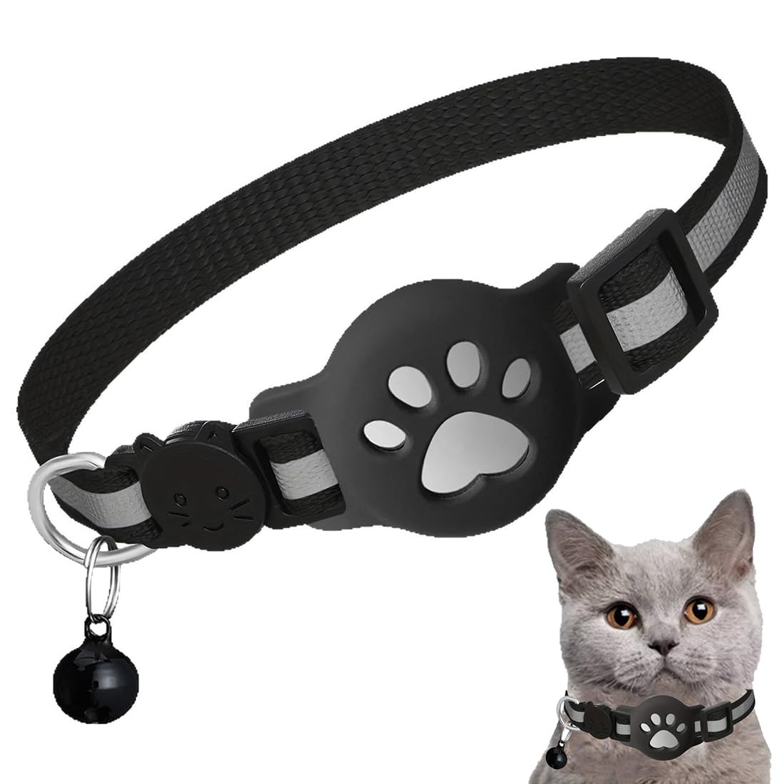 Cat Collar For Airtag - Elastic Kitten Collar With Air Tag Holder - Reflective At Night - Ultra Elastic Gps Collars For Cats, Kittens And Puppies [Black]