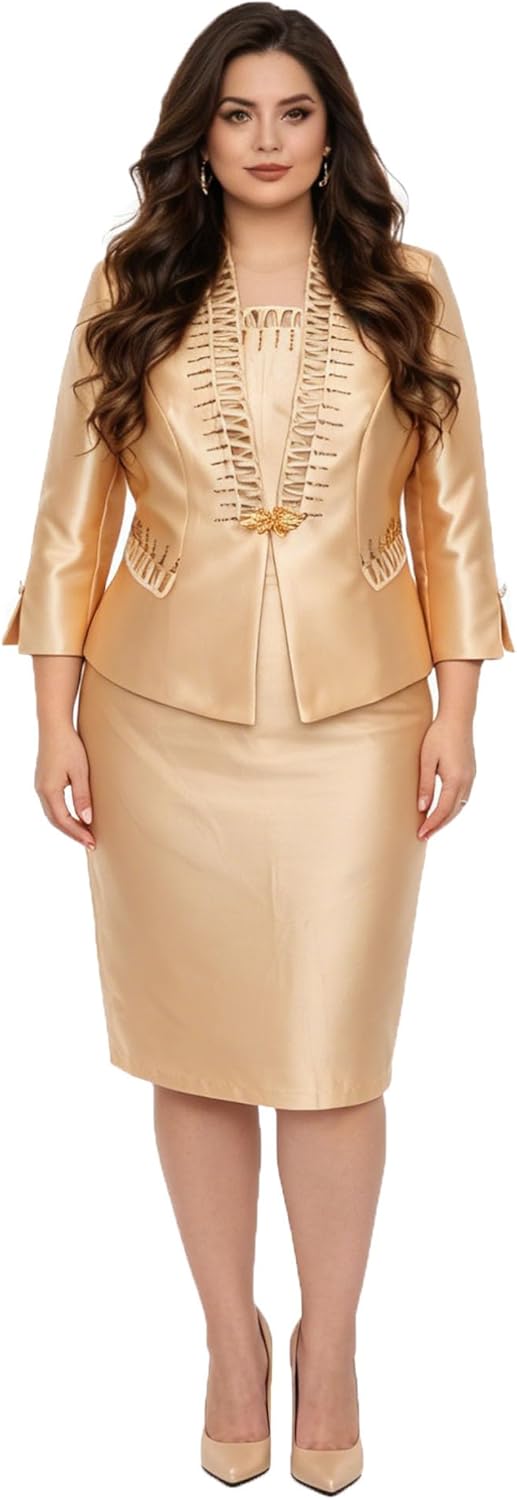 Women's Church Suit Dress Elegant 2 Piece Formal Dress Suit Satin Blazer Set with Rhinestone Cutout Detail Long Sleeve