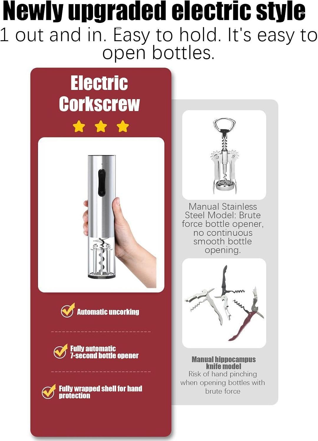 Electric Wine Opener, Rechargeable Bottle Cork Remover, Stainless Steel