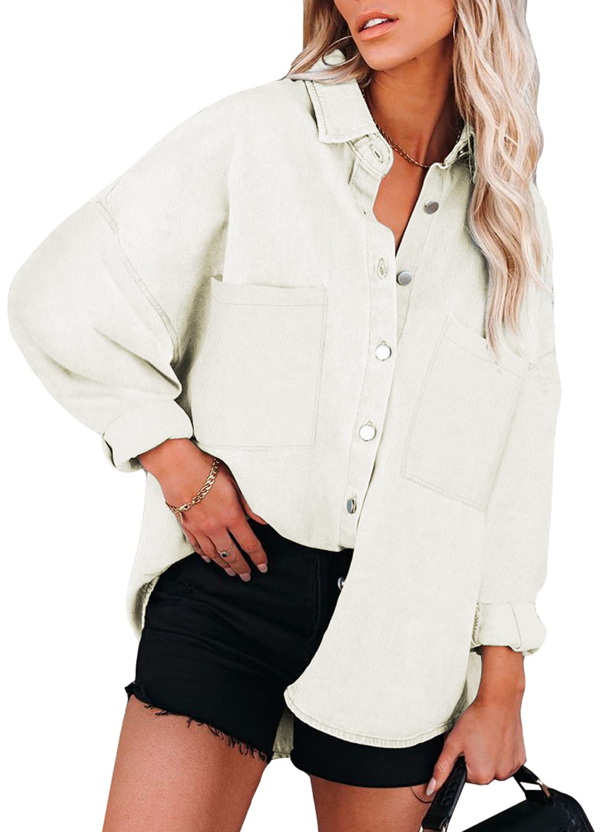 Happy Sailed Womens Leopard Contrast Denim Jackets Oversized Long Sleeve Button Down Jean Shacket Jacket S-2XL