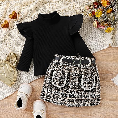 Kaipiclos YA-NGQDX-WSTFR-DA5 Toddler Baby Girl Fall Outfits Long Sleeve Semi-High Collar T-Shirt With Skirt And Belt Girls Fashion Clothes Set thumb #1