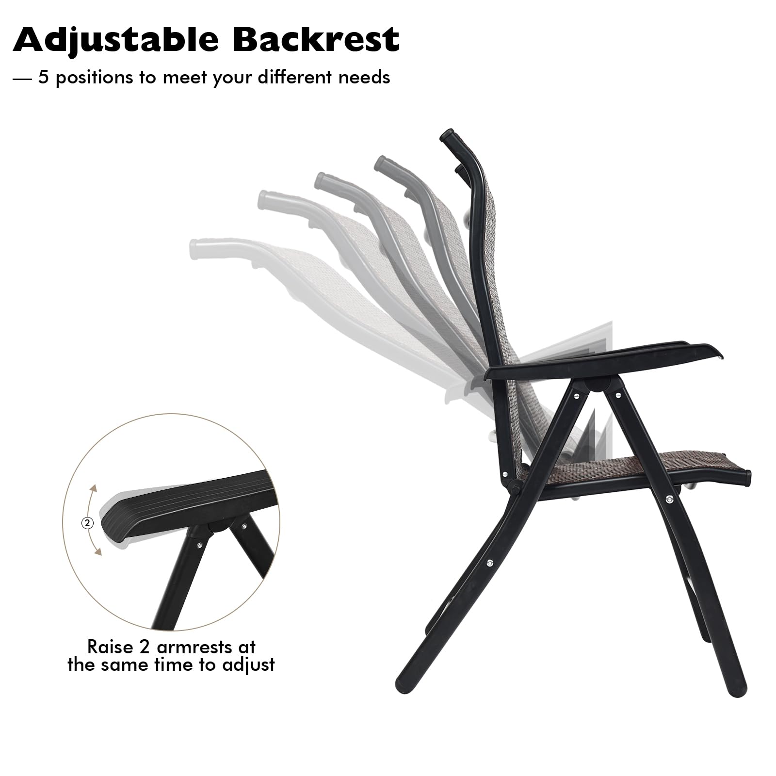 LIFEZEAL Sedia da Giardino in Rattan PE, Sedie Pieghevoli da Interno e Esterno, Poltrona di Vimini con Schienale Reclinabili per Balcone, Sedia a Sdraio con Telaio in Metallo, Portata 120 kg (1)