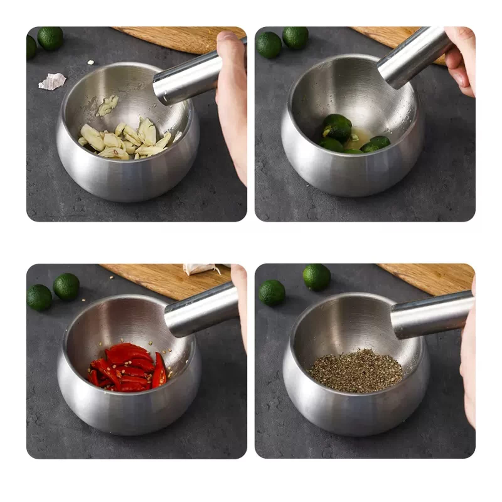 Pratico Set di mortaio e pestello piccolo Manico coperchio in silicone Macina spezie ed erbe in acciaio inossidabile spazzolato for guacamole, aglio, utensili da cucina Gadget
