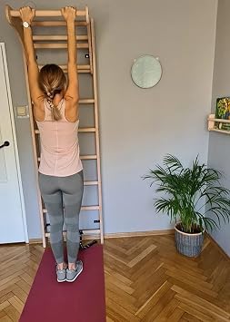 112 Solid Beech Wooden Wallbars with Oval Rungs, Adjustable Pull Up Bar and Removable BenchTop Used as a Desk for Work Space, Coworking Offices, Children Room Decor, Toddler Room