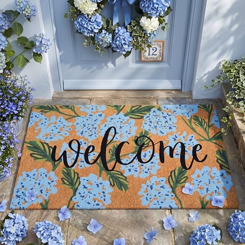 Jenaai Hydrangea Outdoor Welcome Doormat 16 x 29 Inches Floral Front Coir Door Mat with Summer Design Non Slip Outdoor Rug for Entryway Patio Porch Indoor Decor