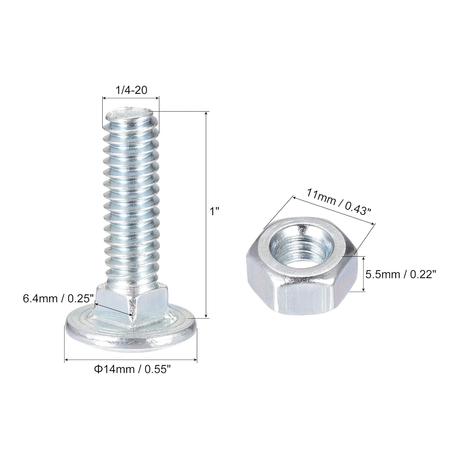 1/4-20 x 1 Square Neck Carriage Bolts with Nuts & Washers, Carbon Steel Coach Bolt Screws 10 Set