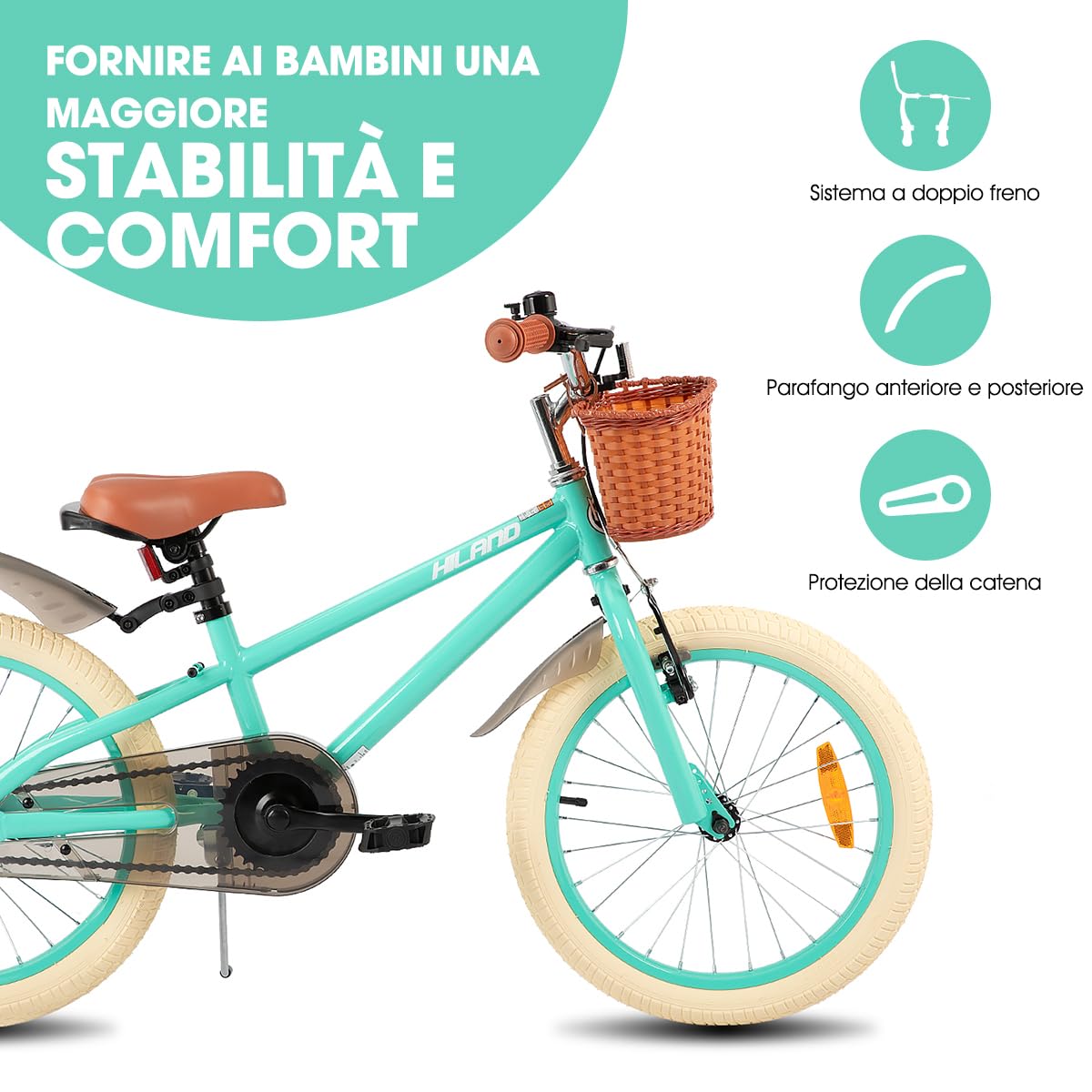 HILAND Spark Bicicletta Bambina 14/16/18 Pollici 3–9 Anni, Bicicletta Stile Vintage con Ruota di Supporto,con Cestino, Freno a Mano e Freno a Pedale, Rosa/Verde