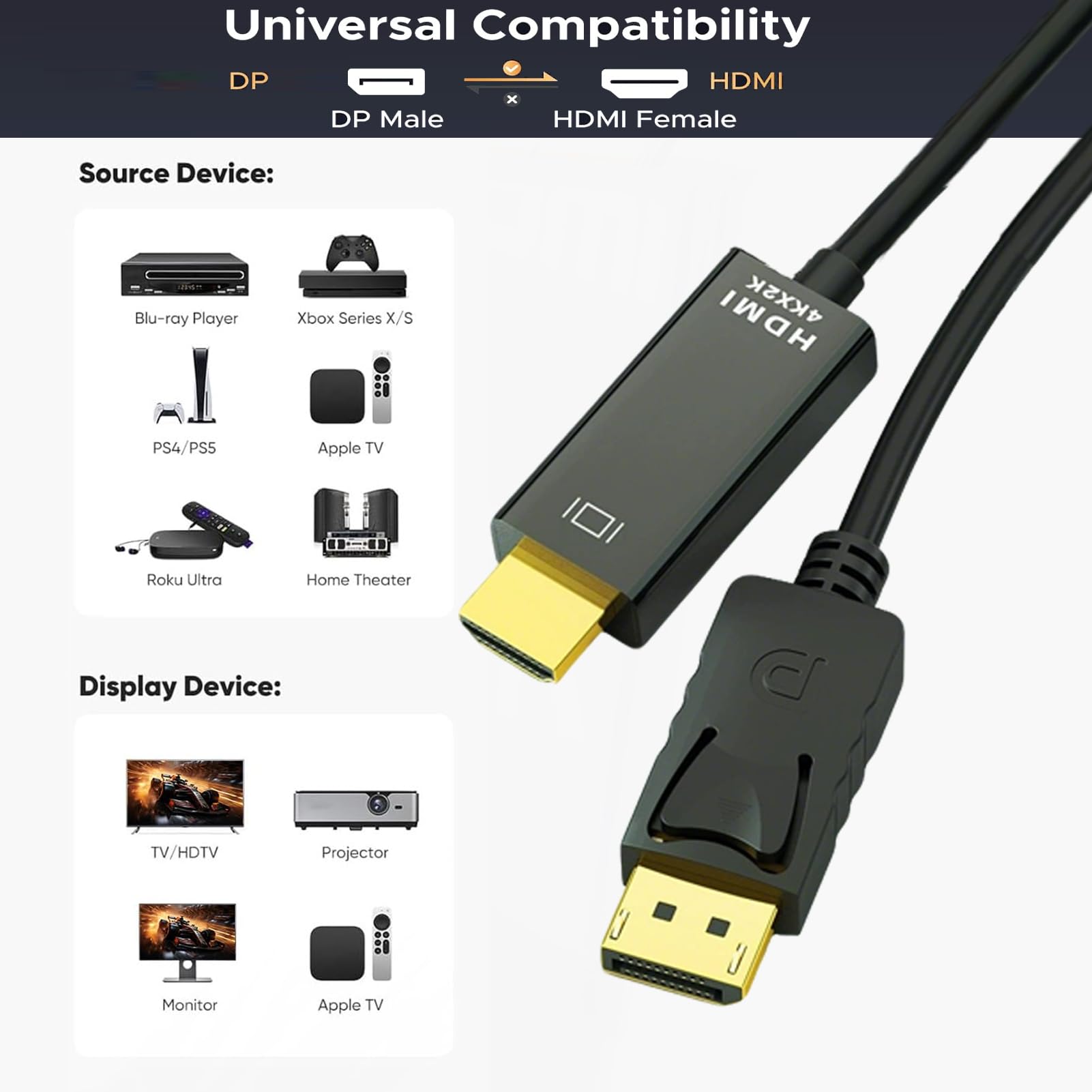 Lot de 10 câbles DisplayPort vers HDMI 4K de 1,8 m DP vers HDMI, adaptateur d'affichage source vers HDMI compatible avec Dell, HP, ThinkPad, bureau, carte graphique (AMD/NVIDIA) vers moniteur, TV