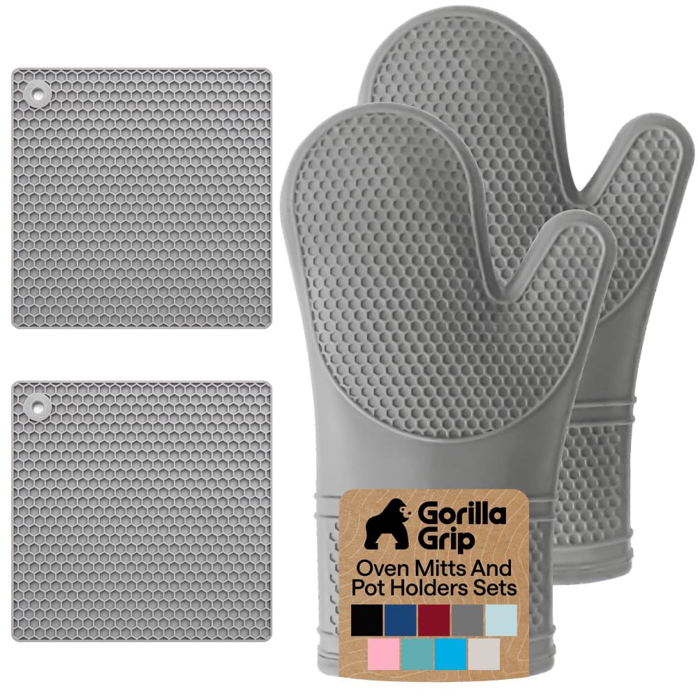 GORILLA GRIP BPA-Free Soft Silicone Oven Mitts and Pot Holders Sets of 4, Heat Resistant Waterproof Cooking Gloves, Thick Cotton Lining, Flexible Gripping for Baking Grilling, Kitchen Trivets, Gray