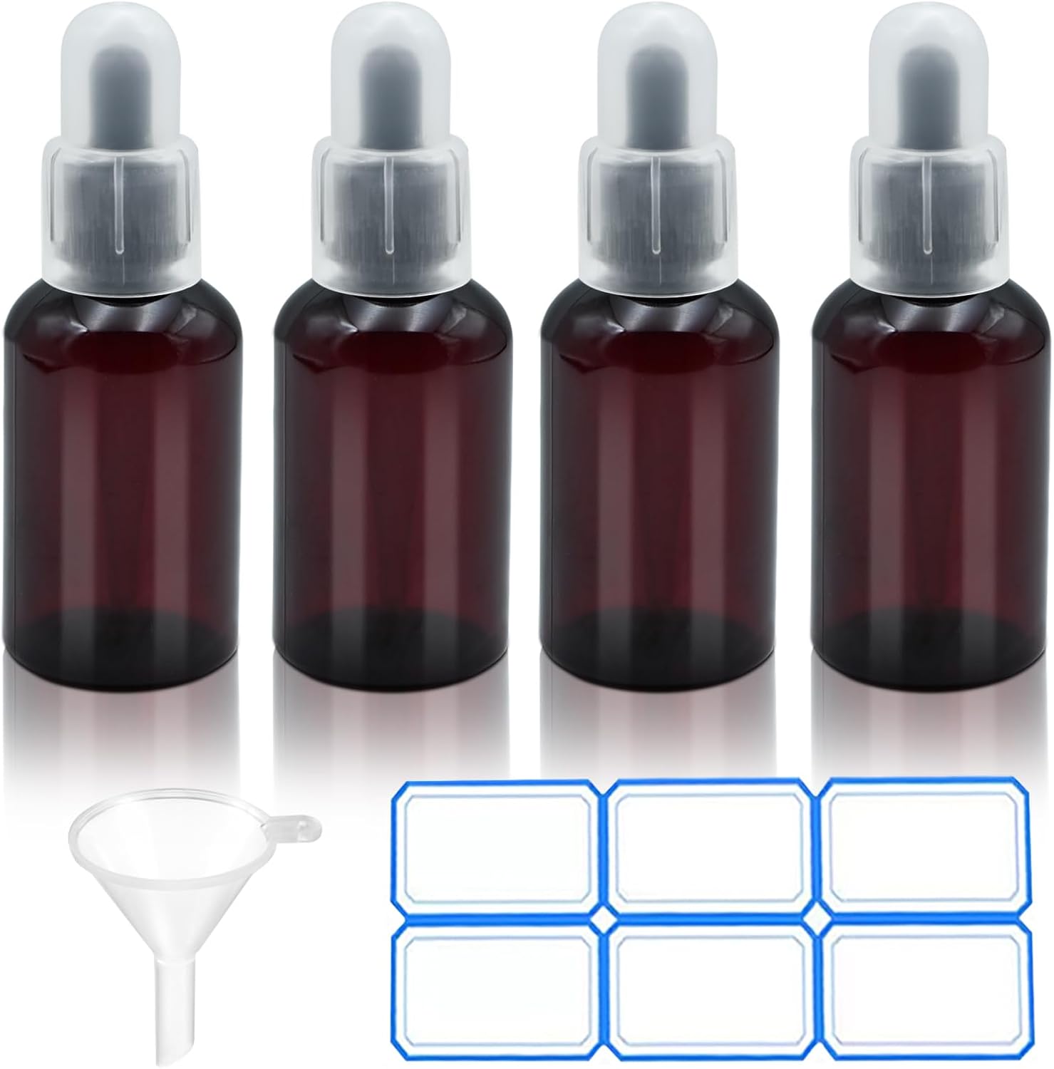 4 Pack 2 Oz (50ml) Amber Plastic Essential Dropper Bottles with Funnel, Labels for Liquid Storage