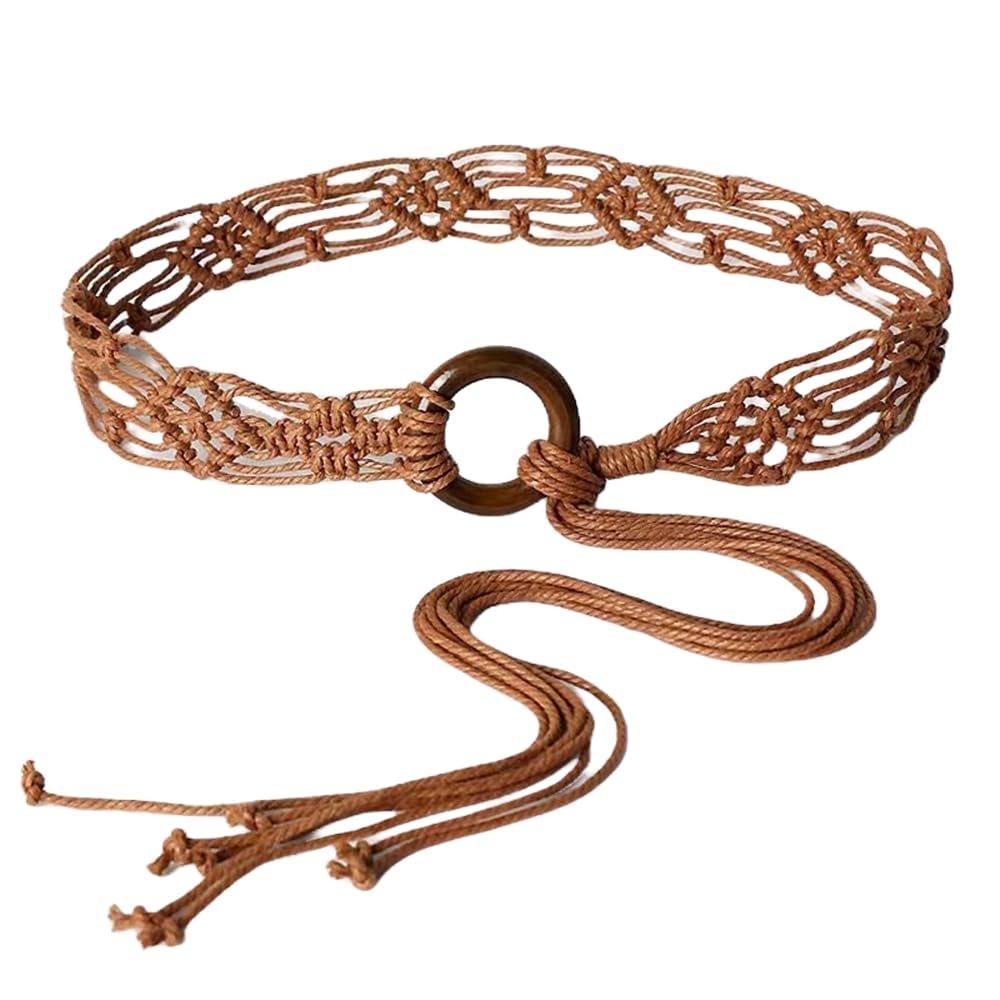 Buckle Free Belt for Women, Vintage Belt for Dresses and Tunics, Bohemian Style Woven with Fringe Details, Adjustable Waist Accessory for Retro Fashion, Deep Brown Color-image-30