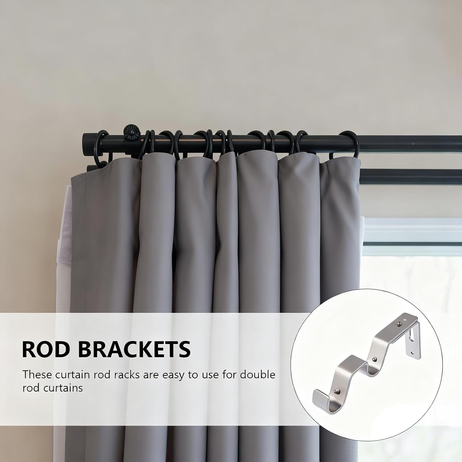 Adjustable Curtain Rod Brackets 3 Pcs Iron Support Docks for Double Rods Heavy Duty Drapery Pole Holders for Home and Office Use