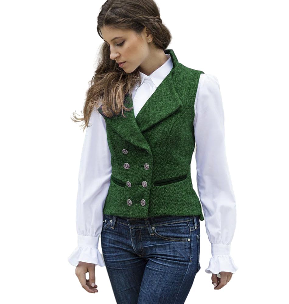 CAMDOM Damen 50er Jahre Vintage Tweed Slim Fit Weste V-Ausschnitt Zweireihiger Mantel mit Taschen Ärmellos