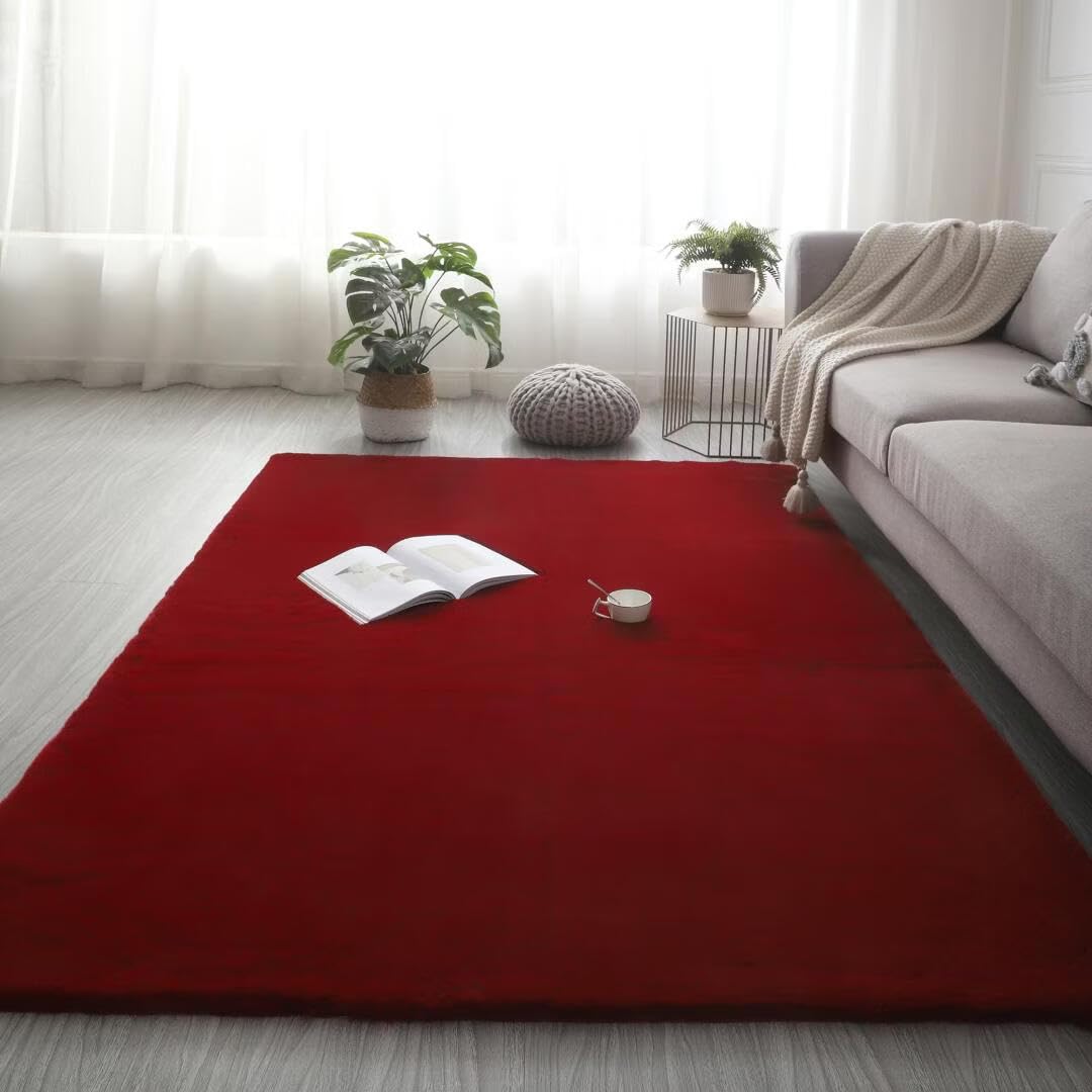 GGBOND Luxury Faux Rabbit Fur Carpet 60x120cm Thick Shaggy Plush Rug Anti-Shedding Hypoallergenic Non-Slip for Nursery Kids Play Pet Friendly Home Decor Burgundy